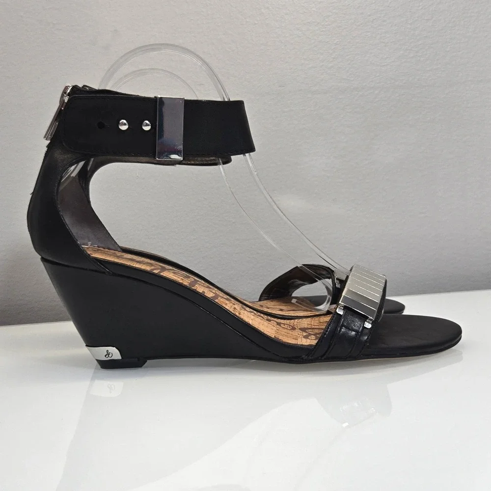 Sam Edelman Serena Wedge Sandals 7.5 Black Leather Silver Metal Indie Sleaze Y2K